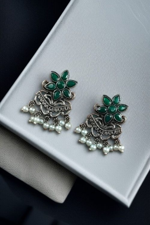 Silver-plated flower earrings with pearl detail for daily traditional wear.