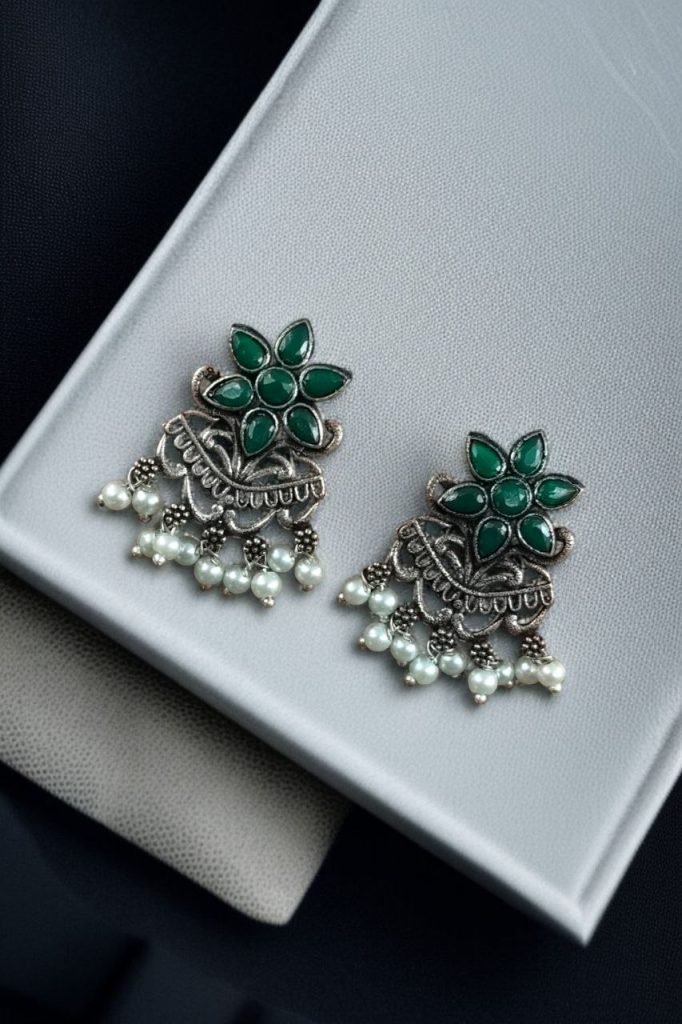 Bulk 1160 Traditional Pearl Work Earrings with Unique Flower Design in Silver Plated for Daily Wear - "Green"
