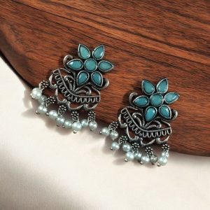 Traditional Pearl Work Earrings with Unique Flower Design in Silver Plated for Daily Wear - color: "Mint"