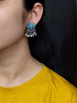 Silver-plated flower pearl work earrings for daily traditional wear.