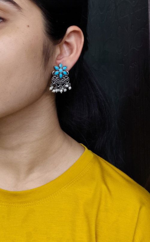 Silver-plated flower pearl work earrings for daily traditional wear.