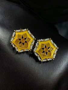 Lightweight Stud Kundan Meena Earrings | Daily Wear with Beautiful Pearl Work - color: "Yellow"