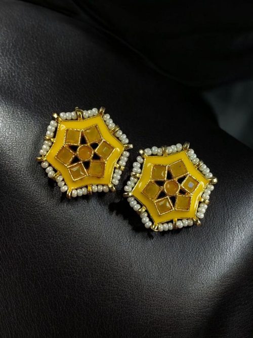 Lightweight Stud Kundan Meena Earrings | Daily Wear with Beautiful Pearl Work - Image 8