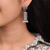 Antique oxidized silver filigree jhumka earrings for traditional wear.