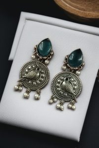 Antique Silver Parrot Dangler Earrings with Stone & Pearl – Perfect for Ethnic Looks - color: "Blue"