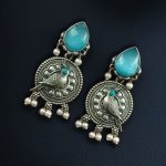 Antique Silver Parrot Dangler Earrings with Stone & Pearl – Perfect for Ethnic Looks - "Aqua"