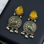 Antique Silver Parrot Dangler Earrings with Stone & Pearl – Perfect for Ethnic Looks - "Yellow"