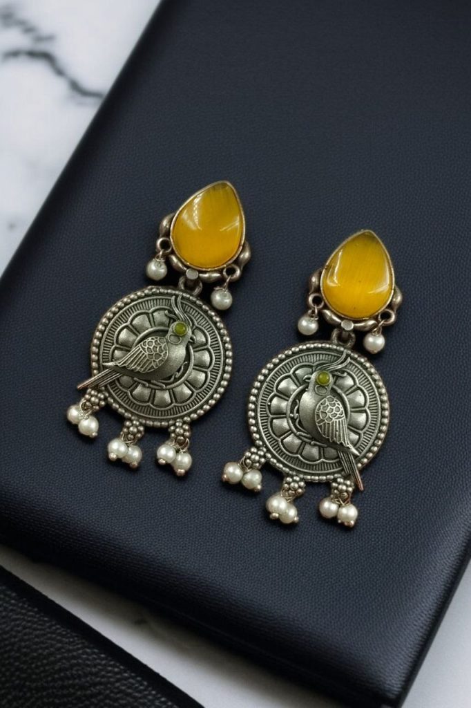 Bulk 1152 Antique Silver Parrot Dangler Earrings with Stone & Pearl – Perfect for Ethnic Looks - "Yellow"