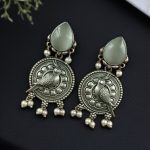 Antique Silver Parrot Dangler Earrings with Stone & Pearl – Perfect for Ethnic Looks - "Grey"