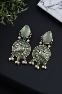 Antique Silver Parrot Dangler Earrings with Stone & Pearl – Perfect for Ethnic Looks - color: "Grey"