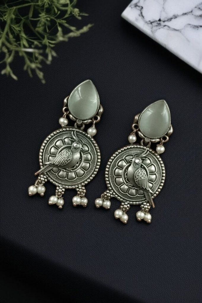 Bulk 1154 Antique Silver Parrot Dangler Earrings with Stone & Pearl – Perfect for Ethnic Looks - "Grey"