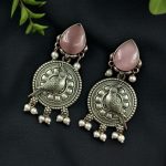 Antique Silver Parrot Dangler Earrings with Stone & Pearl – Perfect for Ethnic Looks - "Baby Pink"