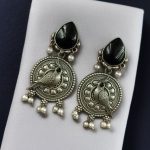 Antique Silver Parrot Dangler Earrings with Stone & Pearl – Perfect for Ethnic Looks - "Black "