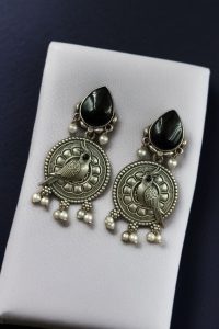 Antique Silver Parrot Dangler Earrings with Stone & Pearl – Perfect for Ethnic Looks - color: "Black "