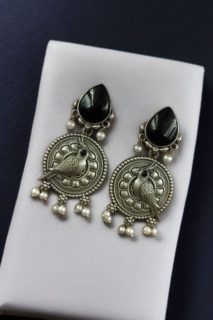 Bulk 1148 Antique Silver Parrot Dangler Earrings with Stone & Pearl – Perfect for Ethnic Looks - "Black "