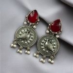 Antique Silver Parrot Dangler Earrings with Stone & Pearl – Perfect for Ethnic Looks - "Red"