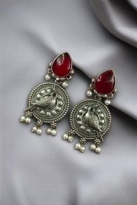 Antique Silver Parrot Dangler Earrings with Stone & Pearl – Perfect for Ethnic Looks - color: "Red"