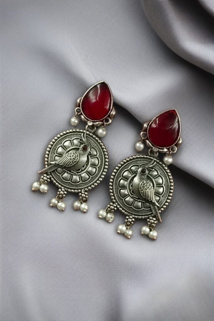 Bulk 1156 Antique Silver Parrot Dangler Earrings with Stone & Pearl – Perfect for Ethnic Looks - "Red"