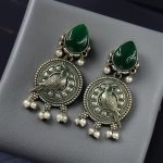Antique Silver Parrot Dangler Earrings with Stone & Pearl – Perfect for Ethnic Looks - "Green"