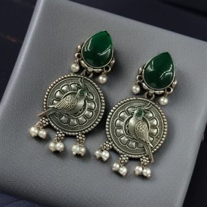 Antique Silver Parrot Dangler Earrings with Stone & Pearl – Perfect for Ethnic Looks - color: "Green"