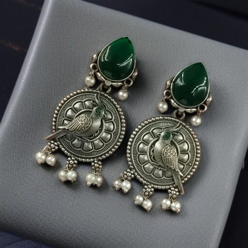 Antique Silver Parrot Dangler Earrings with Stone & Pearl – Perfect for Ethnic Looks - Image 10
