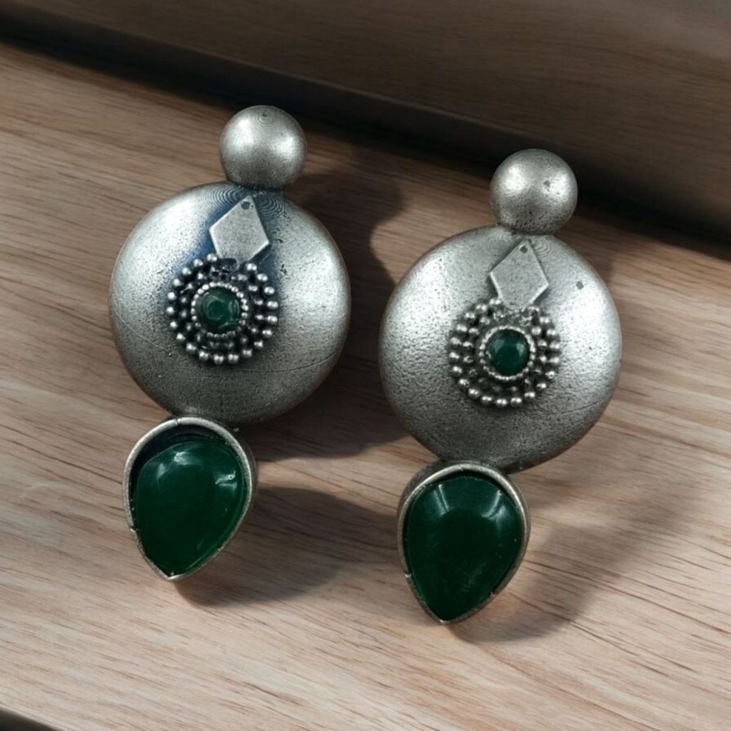 Bulk 1126 Antique Circle Stud Earrings with Best Silver Touch and Stone Detailing - "Green"