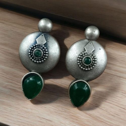 Antique silver look circle stud earrings with stone detailing