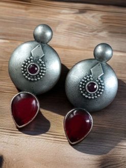 Antique silver look circle stud earrings with stone detailing