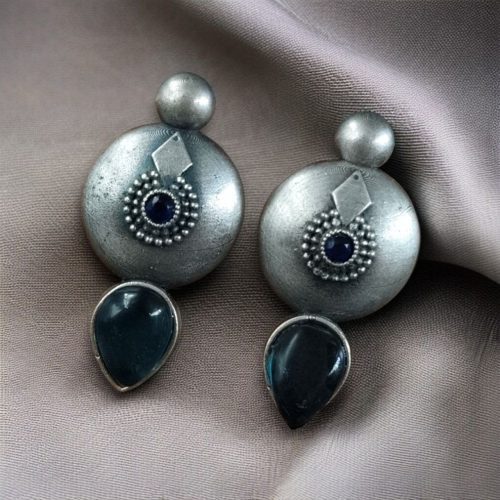 Antique silver look circle stud earrings with stone detailing