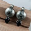 Antique silver look circle stud earrings with stone detailing