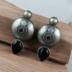Antique Circle Stud Earrings with Best Silver Touch and Stone Detailing - "Black"
