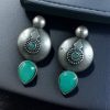 Antique silver look circle stud earrings with stone detailing