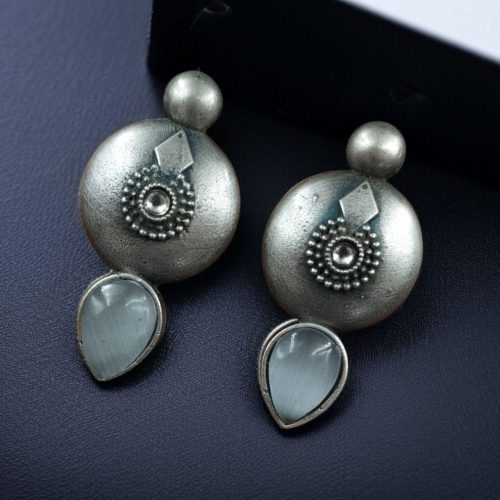 Antique silver look circle stud earrings with stone detailing