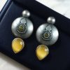 Antique silver look circle stud earrings with stone detailing