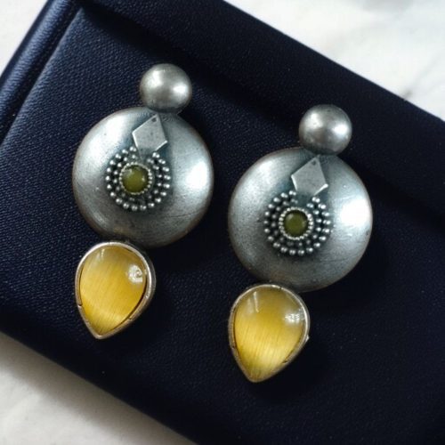 Antique silver look circle stud earrings with stone detailing