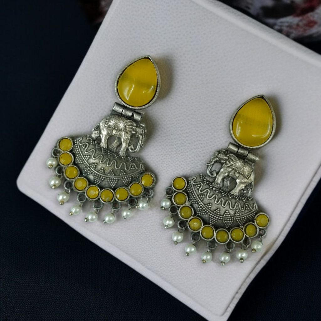 Bulk 1108 Traditional Oxidized Amazing Elephant Dangler Earrings with Stone and Pearl Detailing - "Yellow"