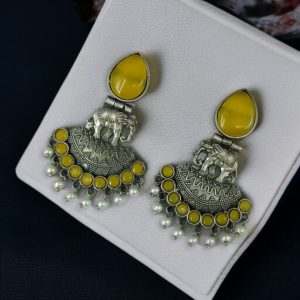 Traditional Oxidized Amazing Elephant Dangler Earrings with Stone and Pearl Detailing - color: "Yellow"