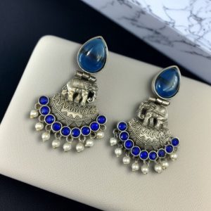 Traditional Oxidized Amazing Elephant Dangler Earrings with Stone and Pearl Detailing - color: "Blue"