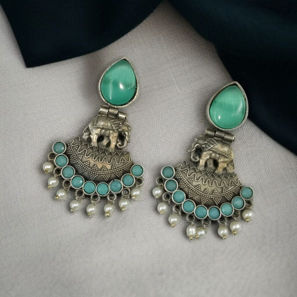 Bulk 1100 Traditional Oxidized Amazing Elephant Dangler Earrings with Stone and Pearl Detailing - "Mint "