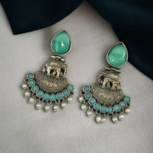 Traditional Oxidized Amazing Elephant Dangler Earrings with Stone and Pearl Detailing - color: "Mint "