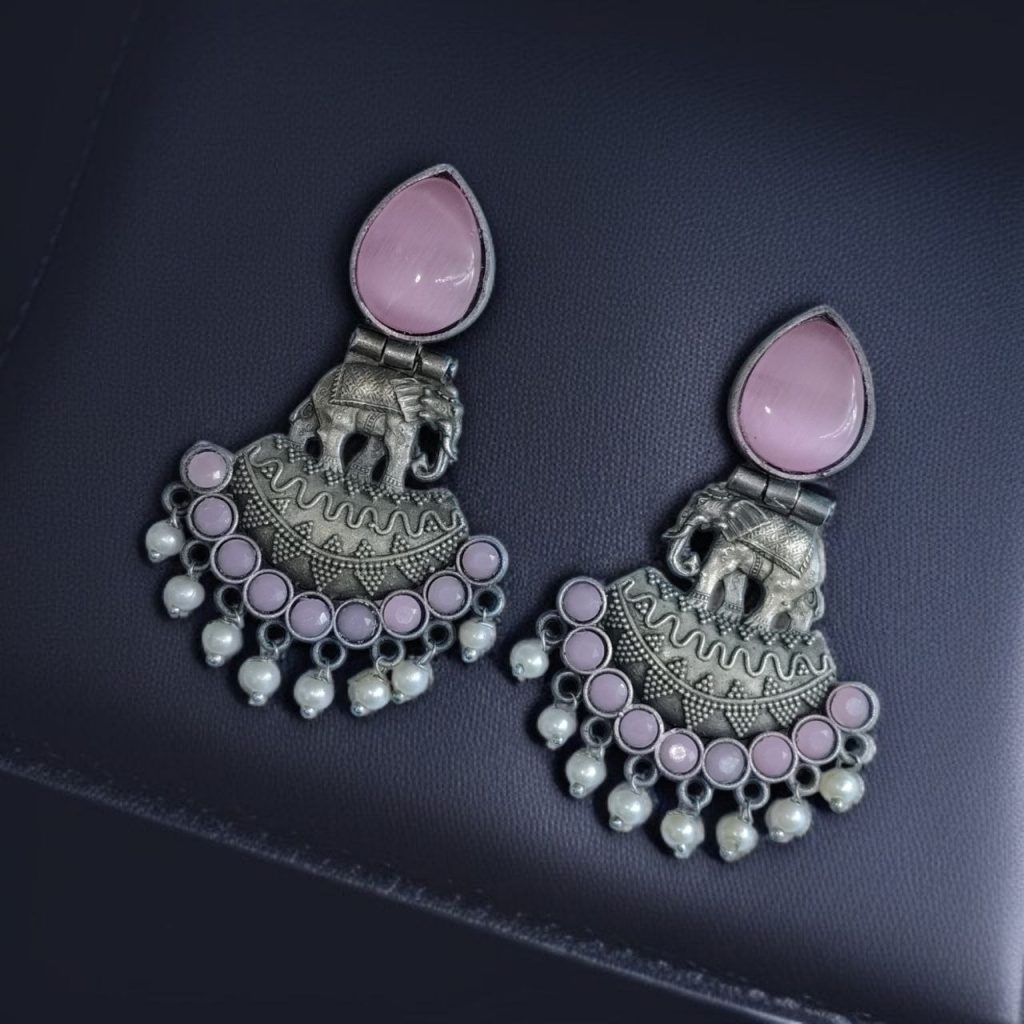 Bulk 1106 Traditional Oxidized Amazing Elephant Dangler Earrings with Stone and Pearl Detailing - "Baby Pink"