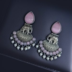Traditional Oxidized Amazing Elephant Dangler Earrings with Stone and Pearl Detailing - color: "Baby Pink"
