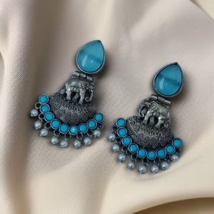 Traditional Oxidized Amazing Elephant Dangler Earrings with Stone and Pearl Detailing - color: "Aqua "