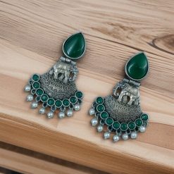Oxidized elephant dangler earrings with stone and pearl detailing
