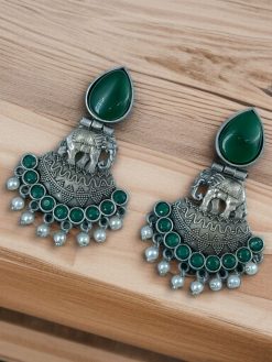 Oxidized elephant dangler earrings with stone and pearl detailing