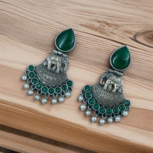 Traditional Oxidized Amazing Elephant Dangler Earrings with Stone and Pearl Detailing - color: "Green"