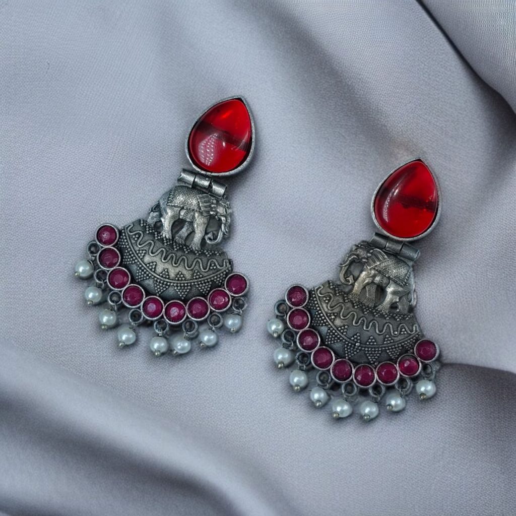 Bulk 1104 Traditional Oxidized Amazing Elephant Dangler Earrings with Stone and Pearl Detailing - "Red "