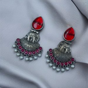 Traditional Oxidized Amazing Elephant Dangler Earrings with Stone and Pearl Detailing - color: "Red "