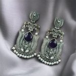 Silver Look alike Unique Lotus Earrings with Pearl Detailing – Elephant Dangler Jewelry - "Black"