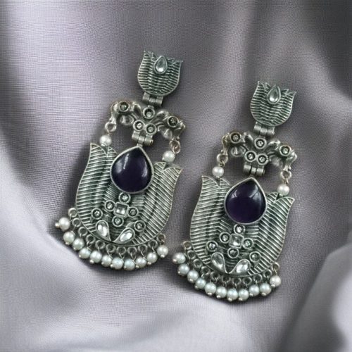 Silver look-alike lotus earrings with pearls and elephant dangler
